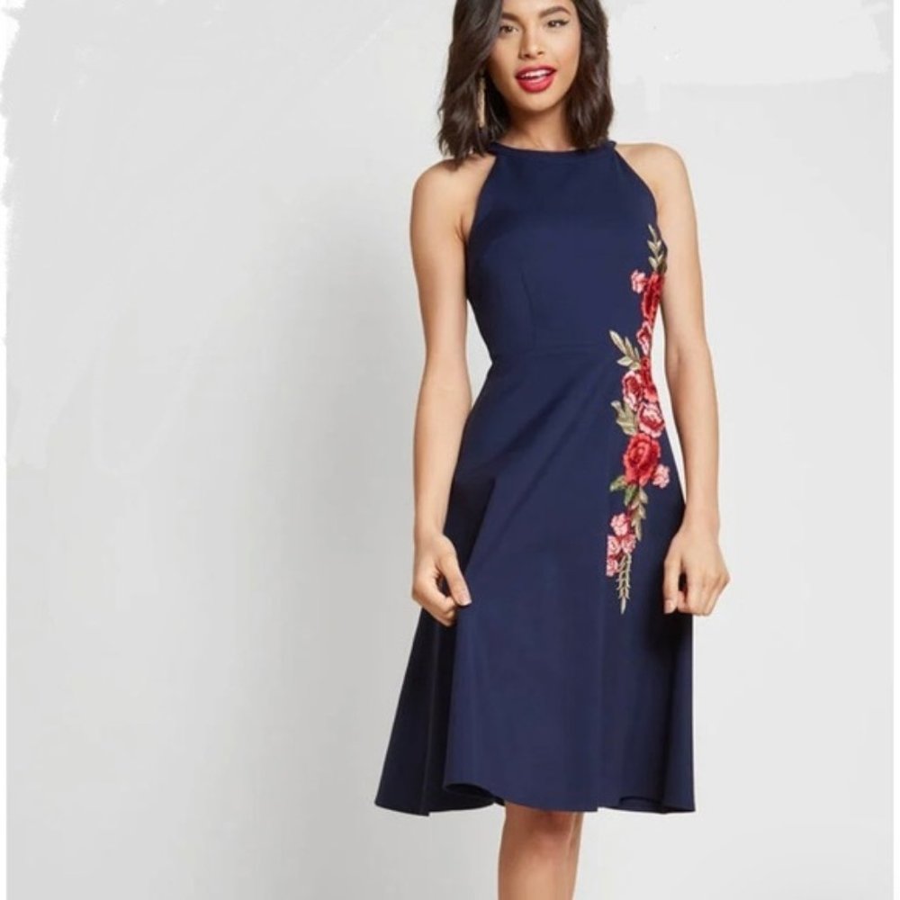 Navy Blue Halter Dress with Red Floral Applique